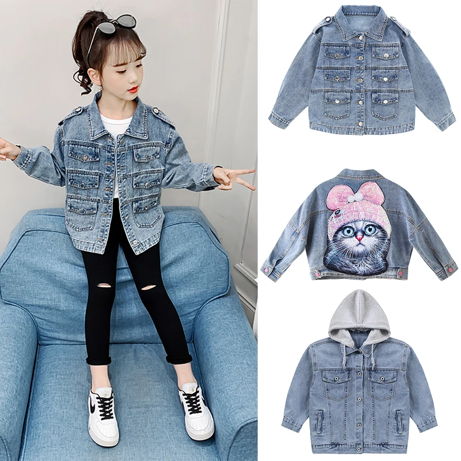 

2021 Kids Denim Jackets for Girls Baby Cat Pattern Coats Spring Autumn Fashion Child Kids Outwear Ripped Jeans Paillette Jackets