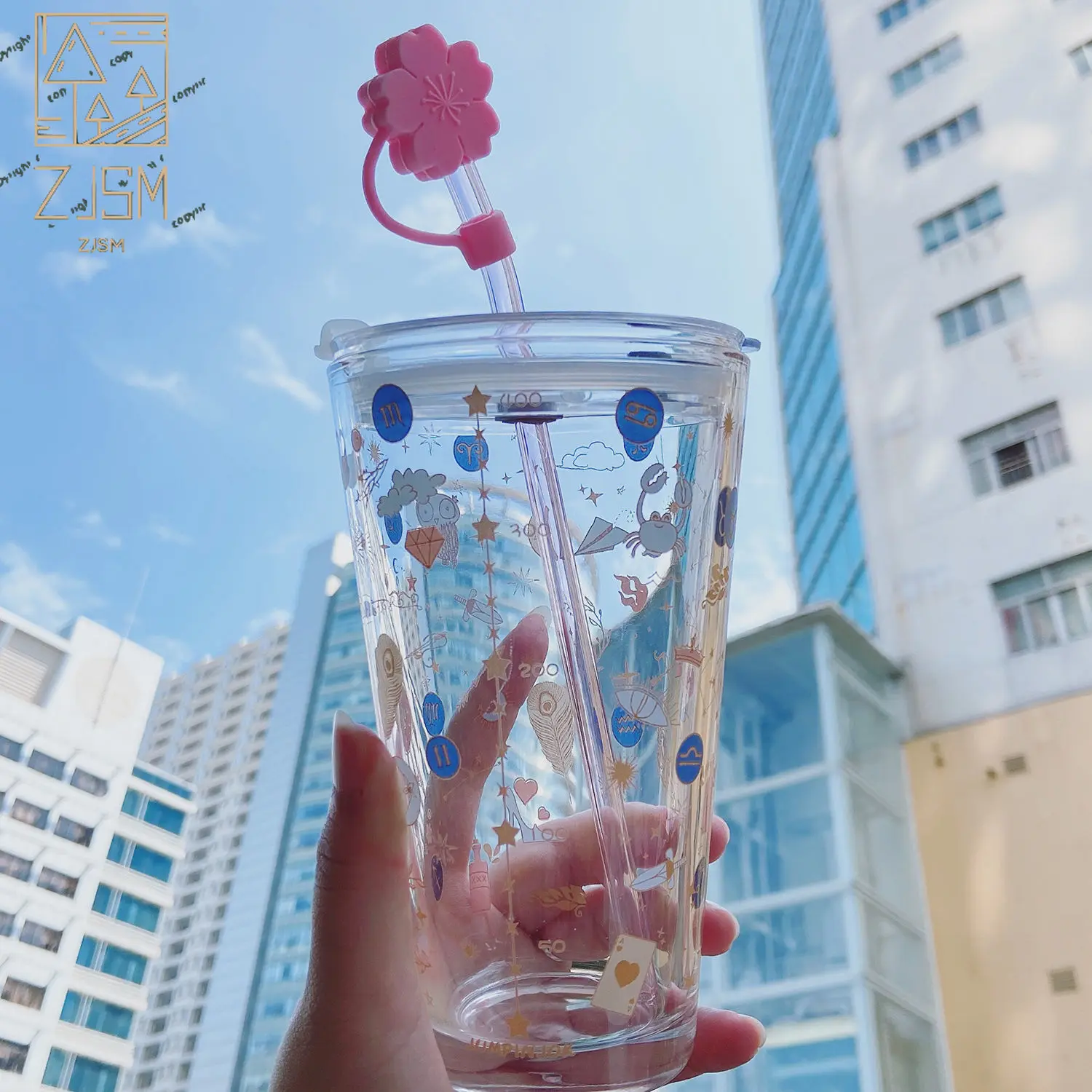 

480ml Cute Straw Glass Water Bottle Pink Cherry Blossom Cup Girl Gift Leakproof Portable Drinking Bottle With Sealing Cap
