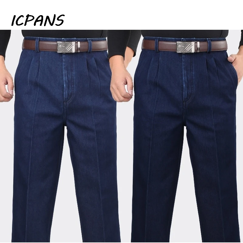 

ICPANS High Waist Denim Jeans for Men Autumn Classic Straight Loose Blue Stretch Jeans Men 2019 Plus Size 30- 42 44 46