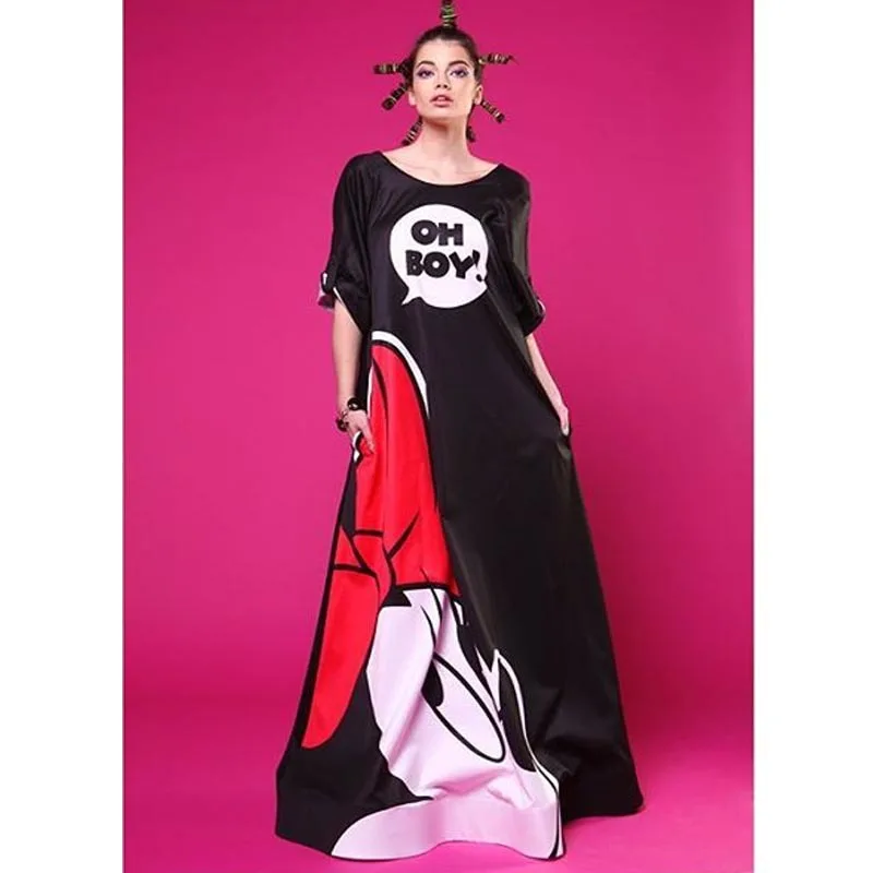 

Disney Mickey Mouse Maxi Dress Printed Hollow Backless Kawaii Mopping Long A-Line Dresses for Women 2021 O-Neck Elegant Vestidos