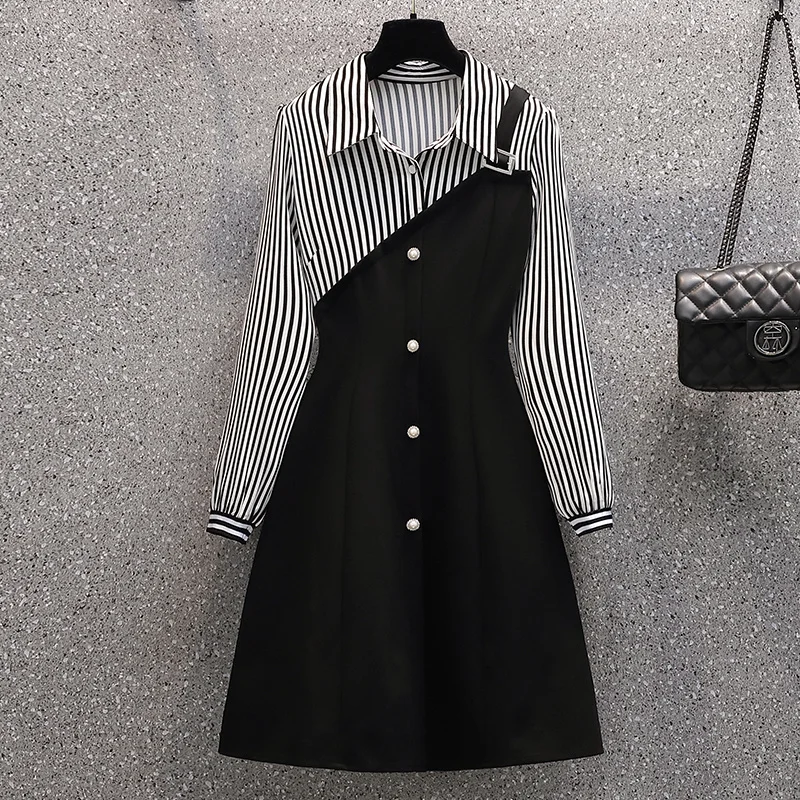 

Spring Fall Vintage Plus Size Long Sleeve Work Wear Office Plus Size Striped Dresses Women Casual Elegant Patchwork Shirt Dress