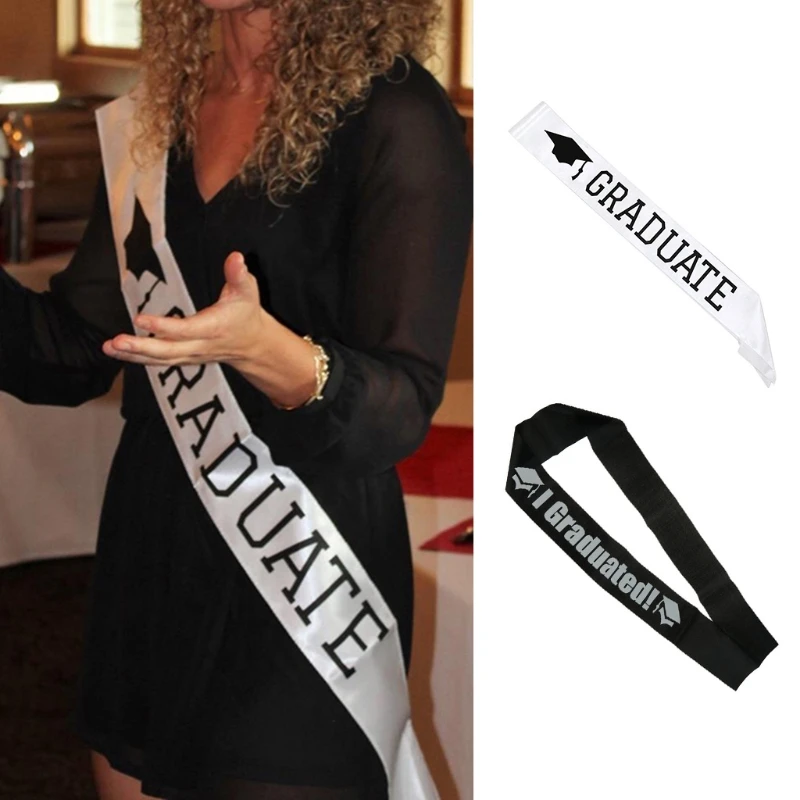 

I Graduated Letters Satin Sash Black White Single Sided Print Graduation Shoulder Strap Celebration Party Photo Props