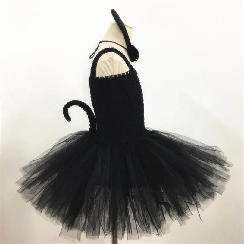 

Girl Evening Birthday Party Dresses Girls Halloween Costume Cat Cosplay Dress Set with Tail Black Kids Girl Ball Gown Dress 1-7Y