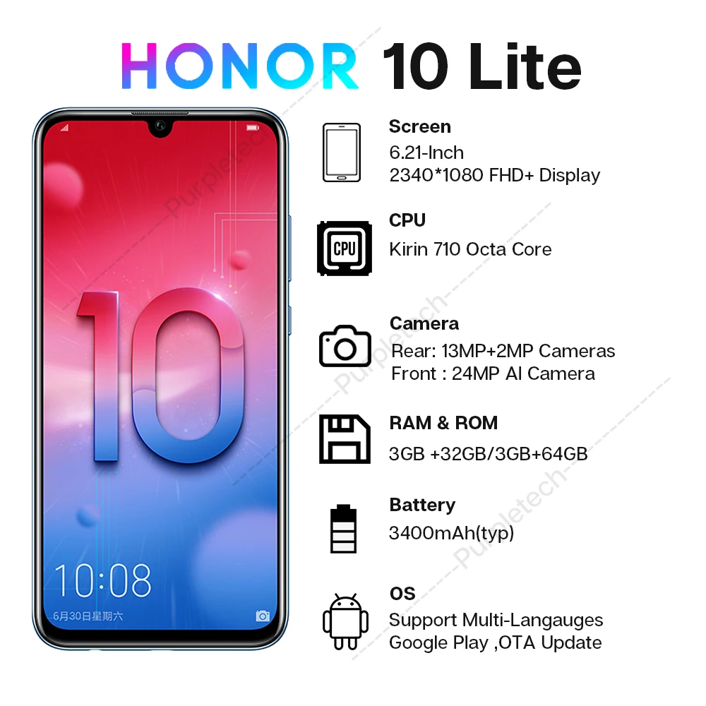Смартфон глобальная версия Honor 10 Lite Восьмиядерный процессор Kirin 710 экран 6 21 дюйма