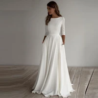 simple satin wedding dress long sleeves a line crepe boat neck elegant bridal dresses with pockets plus size robe de mariee