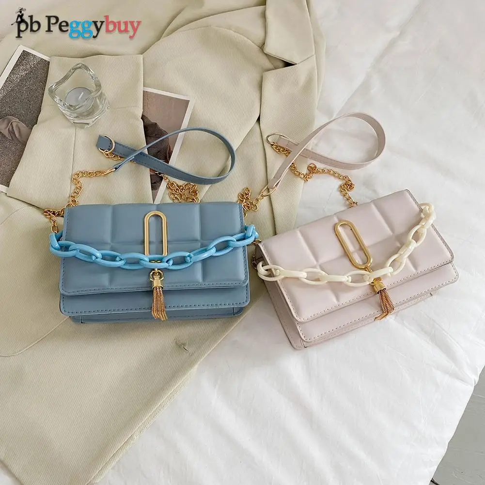 

Women Fashion Lattice Embossing Shoulder Bag Female Casual Pure Color PU Leather Crossbody Bags Chain Tassel Small Flap Purse