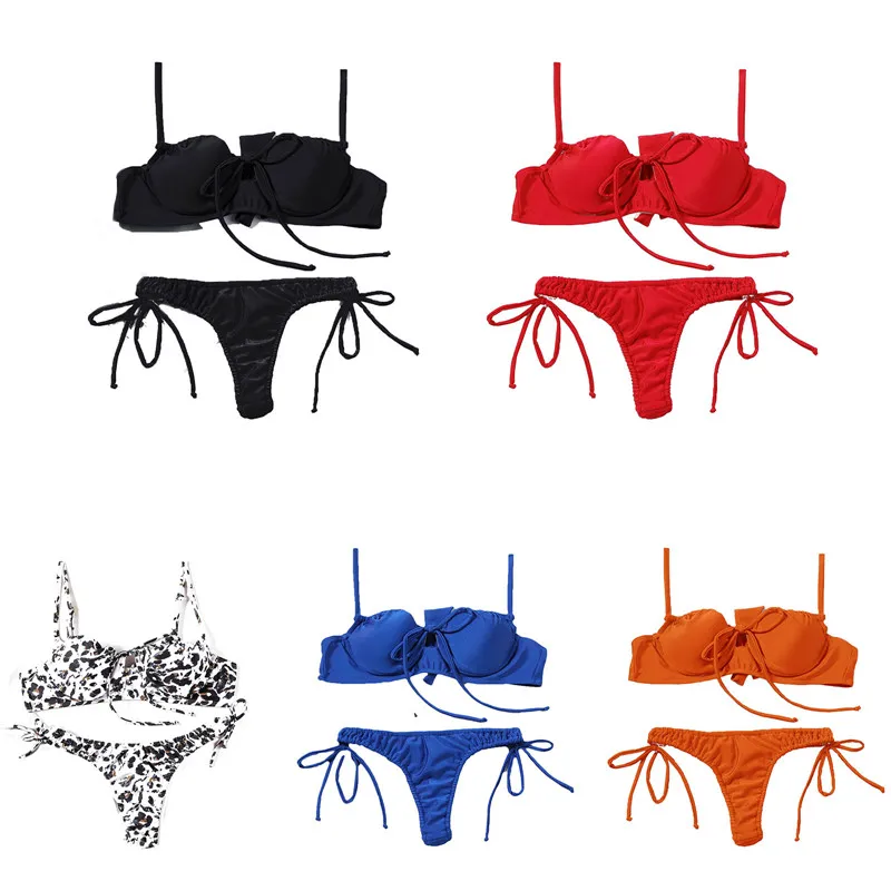 

Sexy High Cut Leopard Bikini Women Swimwear Female Swimsuit Two-pieces Bikini Lace Up Push Up Padded Bra Bather Bathing Suits