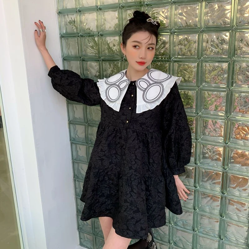 

Kimotimo Woman Dress Spring Korean Fashion High-quality Jacquard Ruffled Collar Thin A-Line Black Doll Dress Loose Elegant