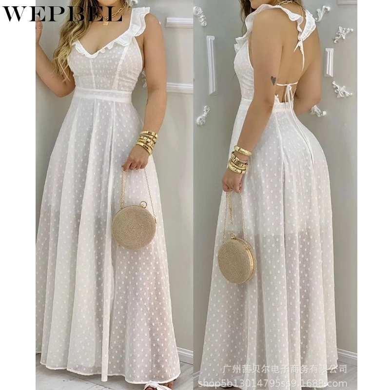 

WEPBEL Dress Women's Casual Solid Color Slim-Fit Patchwork Lace Dress Summer V-neck Backless High Waist Spaghetti Strap Dress
