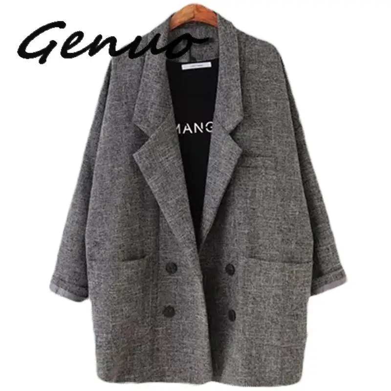 Genuo новинка 2019 блейзеры для женщин приталенный Блейзер пиджак хаки серый в клетку