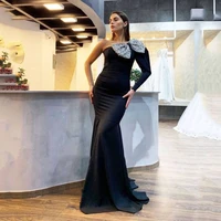 elegant black women formal dresses evening with big bow one shoulder long sleeve prom gowns special banquet wear custom made