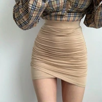 xiabni high waist pleated bandage short skirt female sexy street party tight elastic mini wrap hip skirt irregular apricot