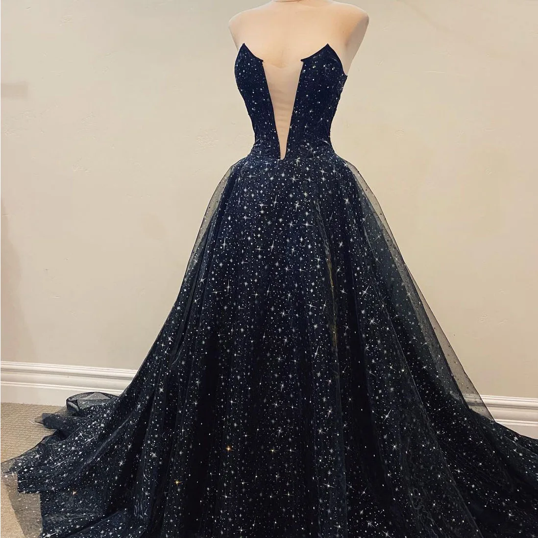 

Роскошное блестящее женское вечернее платье с V-образным вырезом и принтом звезд, со шнуровкой и бантом, а-силуэт, многослойное Тюлевое плат...