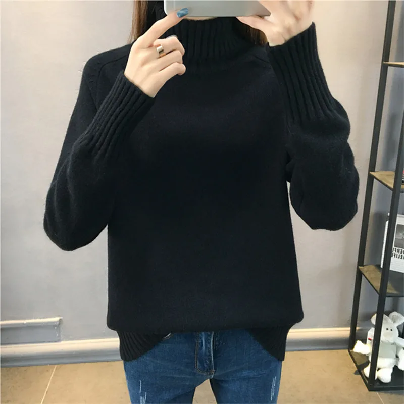 Осенне-зимний вязаный свитер с высоким воротом Женский пуловер Модные свободные