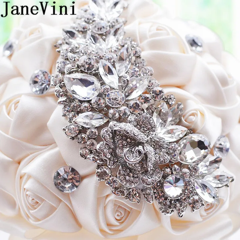 JaneVini серебряный кристалл красный свадебный букет цветов атласная роза бисером
