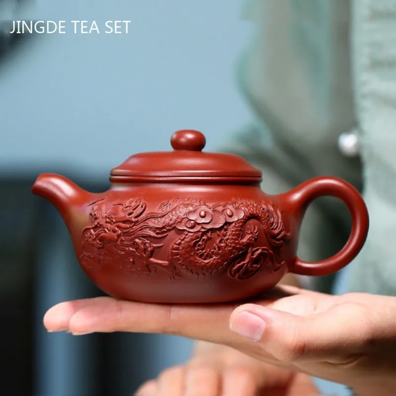 

Chinese Yixing Purple Clay Antique Teapot Raw Ore Dahongpao Dragon Pattern Tea Pot Handmade Tea Set Customized Gifts 210ml