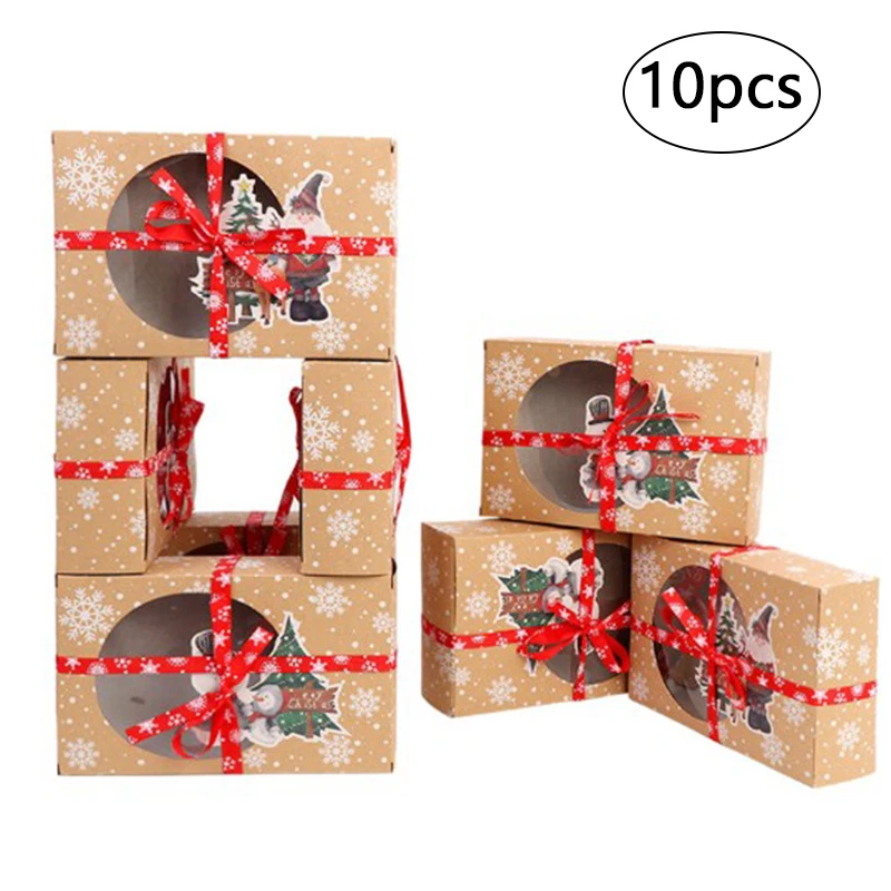 

10PCS Gift Box Kraft Paper Candy Cookie Boxes with 10pcs Ribbons Cupcake Muffin Cake Box for Christmas Party Bakery Gift Boxes