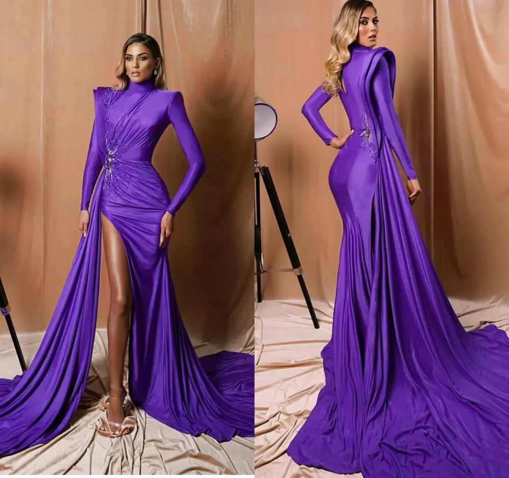 

Dubai Bead High Split Evening Dresses High Neck Satin Women Formal Party Gowns Arabic Prom Dress Long Sleeve Robe De Soiree 2020