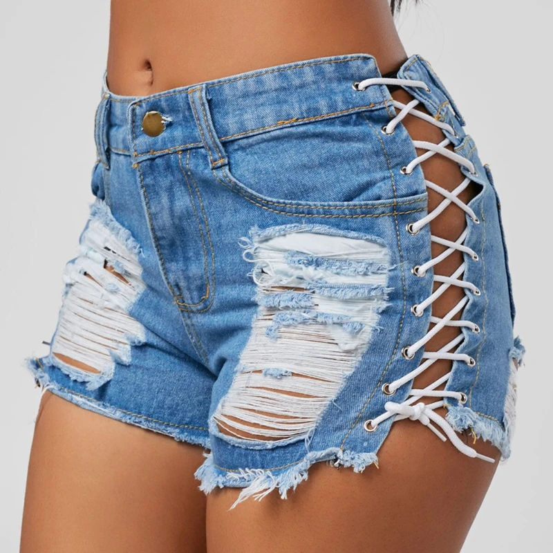 

Sexy Women Denim Shorts 2022 Summer New Black Blue High Waist Ripped Short Casual Jeans Tassel Lace Up Bandage Hotpants