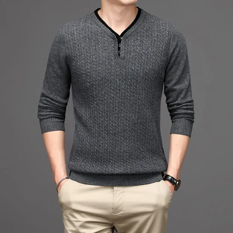 Men's Twisted Cashmere Jumper Autumn & Winter 100% Wool Long Sleeved Sweater Male V-Neck Pure Wool Knitwear Pullover