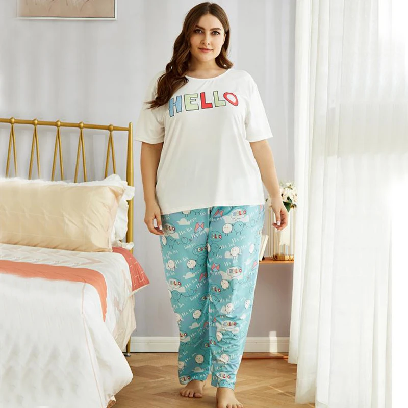 

Plus Size Homewear Suits Women Summer Casual T Shirts Drawstring Sweatpants Lounge Wear Fashion 2 Piece Sets Elastic Sleepwear