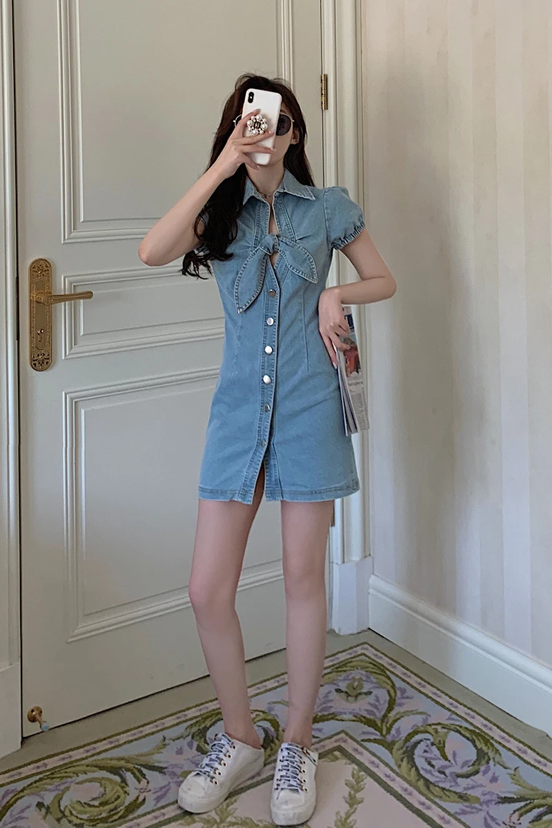 

COIGARSAM Vintage Women Mini dress Summer Bow Dresses 3930