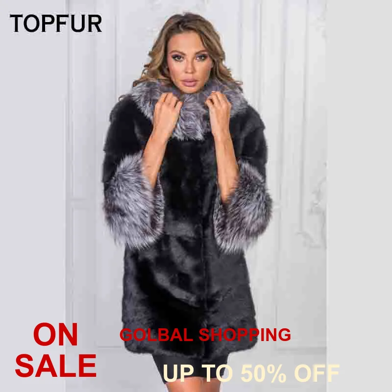 Женская Шуба из натурального меха норки с воротником серебряной лисы зимняя