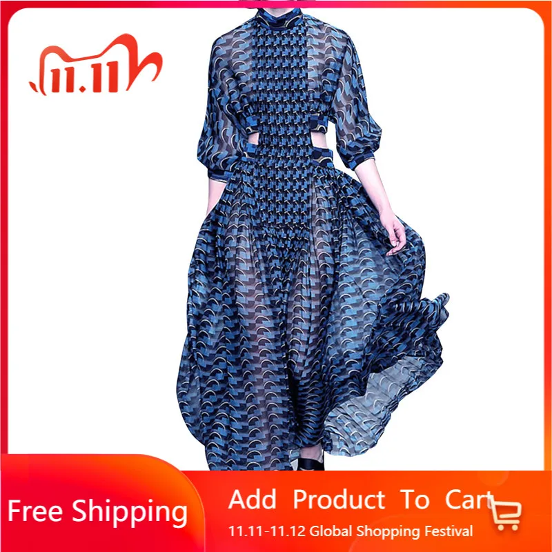 

2020 Summer Designer Fashion Elegant Dress Women Short Sleeve Stand Collar Vintage Printed Patchwork tulle Dress Vestidos