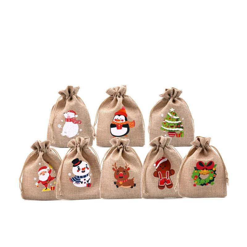 

Wholesale 50Pcs/Lot Christmas Printing Jute Bags 10x14 13x18cm Drawstring Gift Bag Pouches Favor Candy Jewelry Packaging Bags