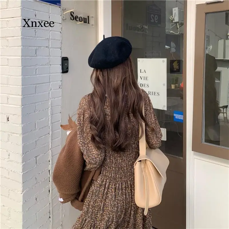 

Vintage Floral Splicing o Neck A-Line Long Dress Elastic High Waist Long Sleeve Fashion Elegant Sweet Women Spring Summer Cloth