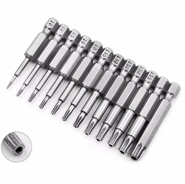 

Fixmee 12 pcs 12 Sizes 1/4 Inch 50mm T5-T40 Torx Head Screwdriver Bits Magnetic Set Hand Tool