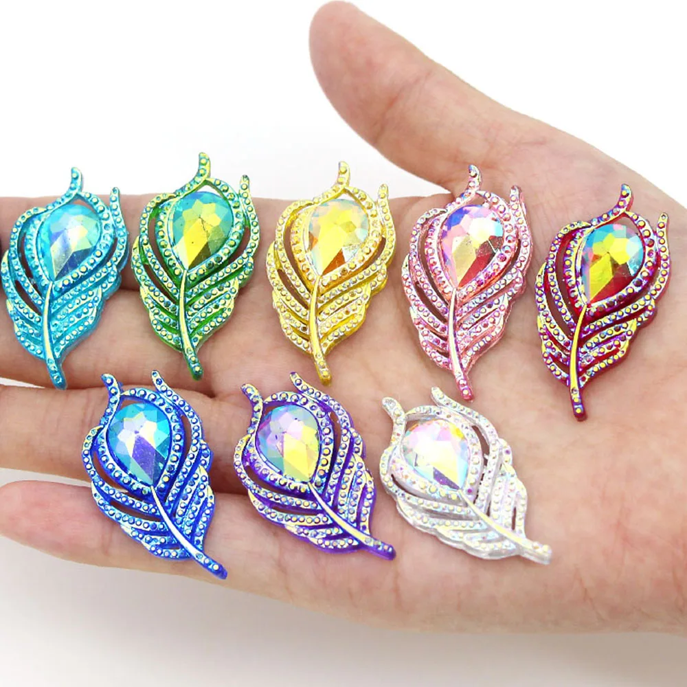 10 Pcs 20x38mm AB Crystal Rhinestones Peacock Feathers/Leaf Sewing Rhinestone For Clothes Resin Flat Back Scrapbook DIY | Дом и сад