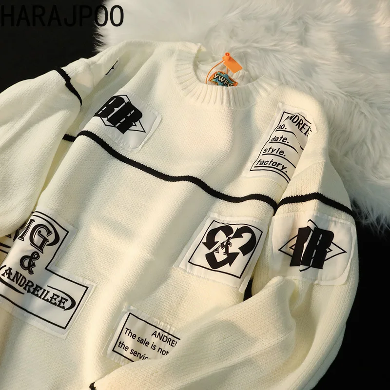 

Пуловер с аппликацией букв Harajpoo для пар, новинка сезона весна-осень 2022, свободная вязаная женская одежда в стиле преппи, бойфренд, с круглым ...