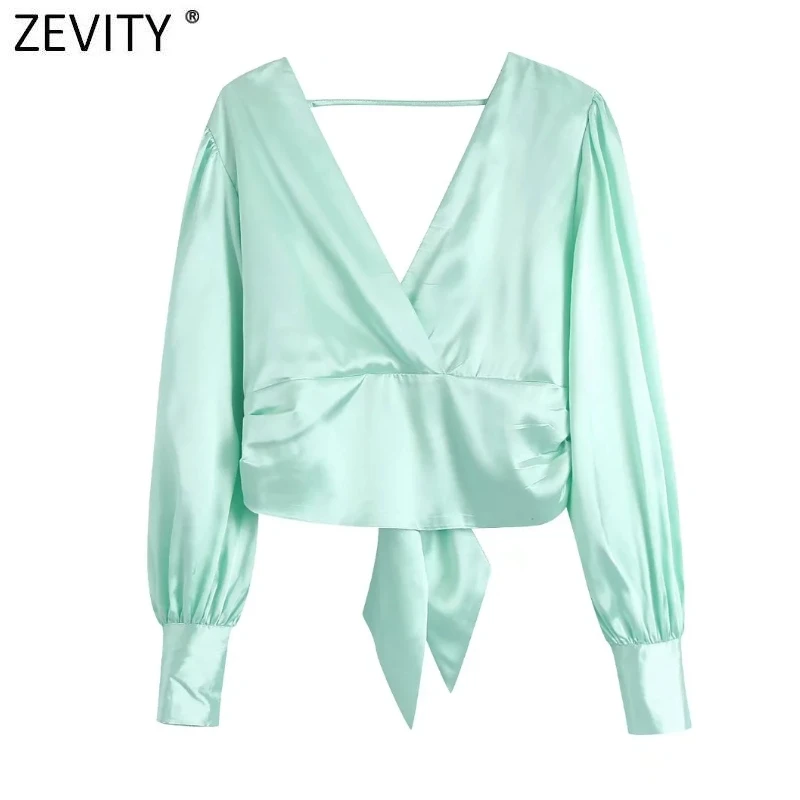 

Zevity New Women Cross V Neck Backless Lace Up Bow Satin Blouse Ladies Chic Puff Sleeve Kimono Shirts Casual Crop Tops LS9993