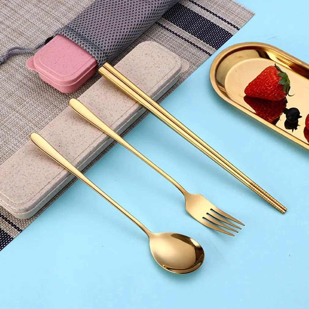 

304 Stainless Steel Gold-plated Portable Cutlery Set Safe Material Feeding Spoon Chopsticks Fork Easy-to-clean Cutlery Set