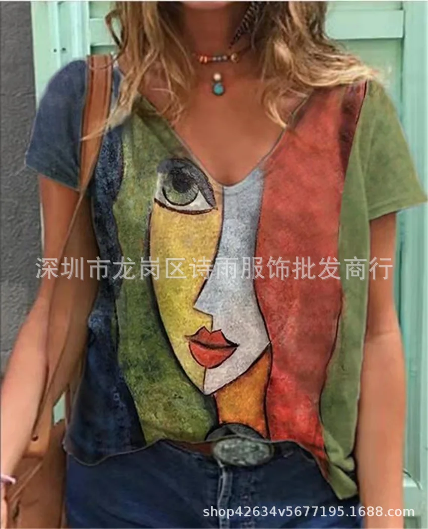 2021 new abstract figure print V-neck Pullover