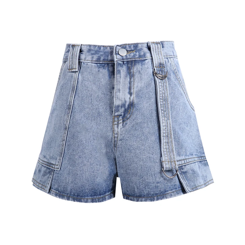 

2021 New Spring And Summer Personality High Waist Lanyard Ash Light Blue Big Pocket Ladies Denim Shorts
