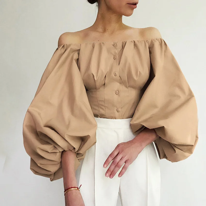 

Summer Sexy Off Shoulder Slash Neck Women Blouse Sexy Lace Up Long Sleeve White Crop Top Women Blouse
