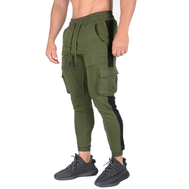 

New side stitching knee pocket design drawstring men's casual versatile pants, men's cotton casual pants men's sports pants