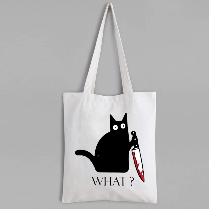 

Black Cat Canvas Bag Cute What Cat Shopping Bag Cartoon Women Crazy Black Cat Custom Shopping Bags Funny Tote Bags Cute