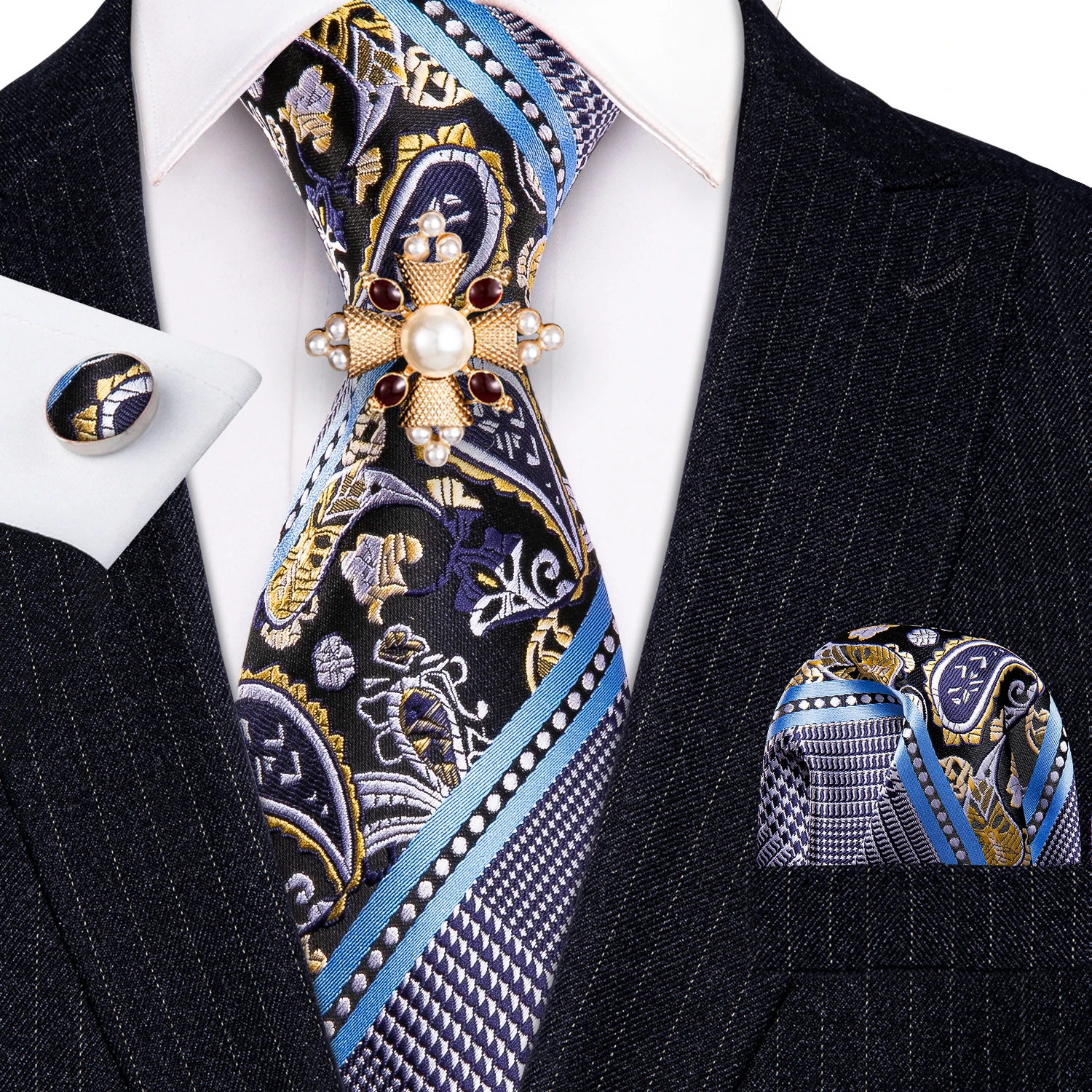 

Модные броши синий мужской свадебный галстук пейсли шелковый галстук комплект Hanky Barry.Wang модный дизайнерский галстук для мужчин подарок Веч...