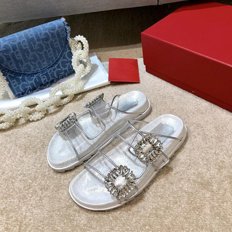 

New summer 2021 flash diamond square button transparent thick soles fashion slippers beach shoes womens shoes slippers women