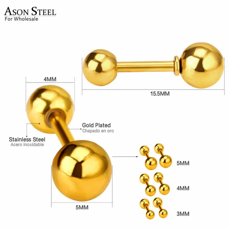 Мужские модные серьги ASONSTEEL золотистые/Серебристые серьги-гвоздики с шариковым