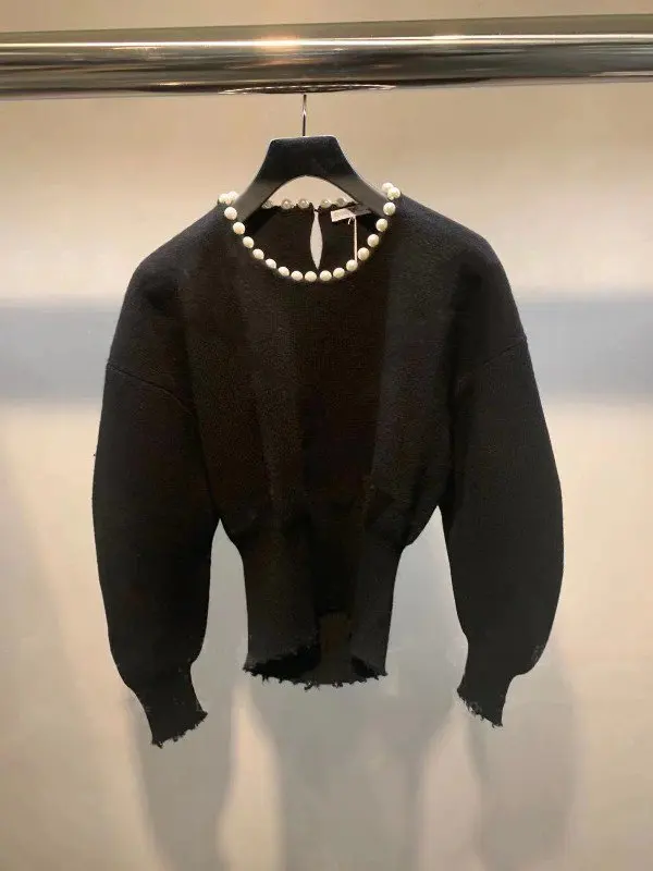 ZCSMLL 2021 Autumn Winter New Round Neck Pullover Vintage Fashion Pearl Wool Sweater Black Women Ins Tide | Женская одежда