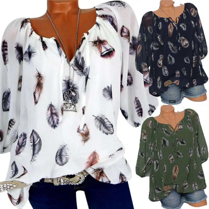 Женская шифоновая блузка с длинным рукавом перьями | одежда
