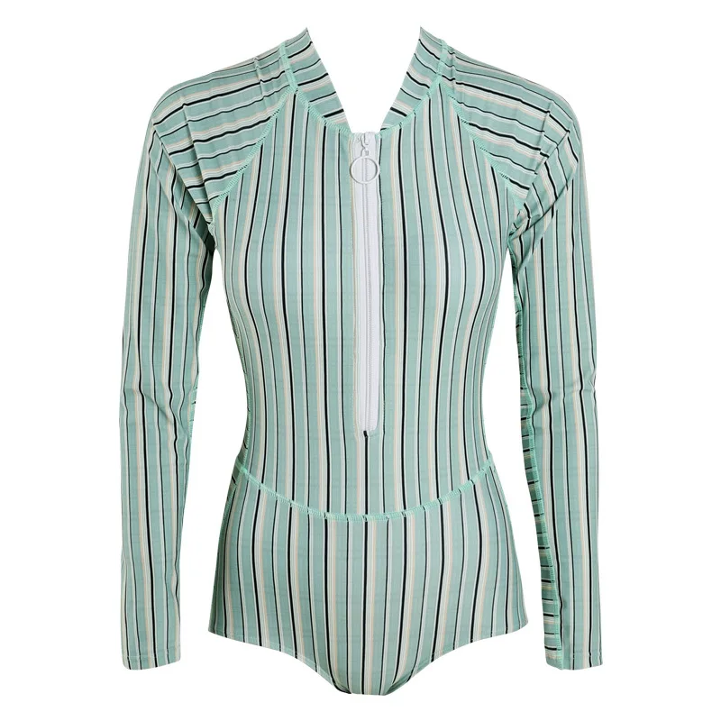 

Swimsuit Fused Plavky Ladies Rashguard Woman Surfing Long Sleeve Bathing Suit Sport Korean Cover Fit Striped Surfing