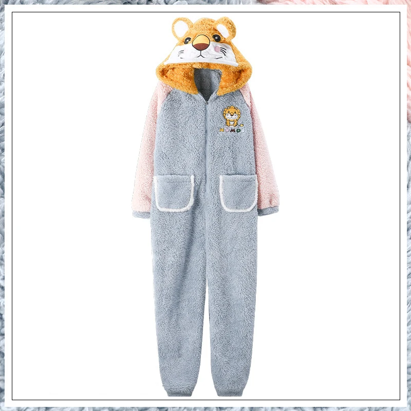 Women Men Onesie Pajamas Winter Thicken Sleepwear Cartoon Animal Lion Pyjamas Zipper Coral Fleece Warm Jumpsuits