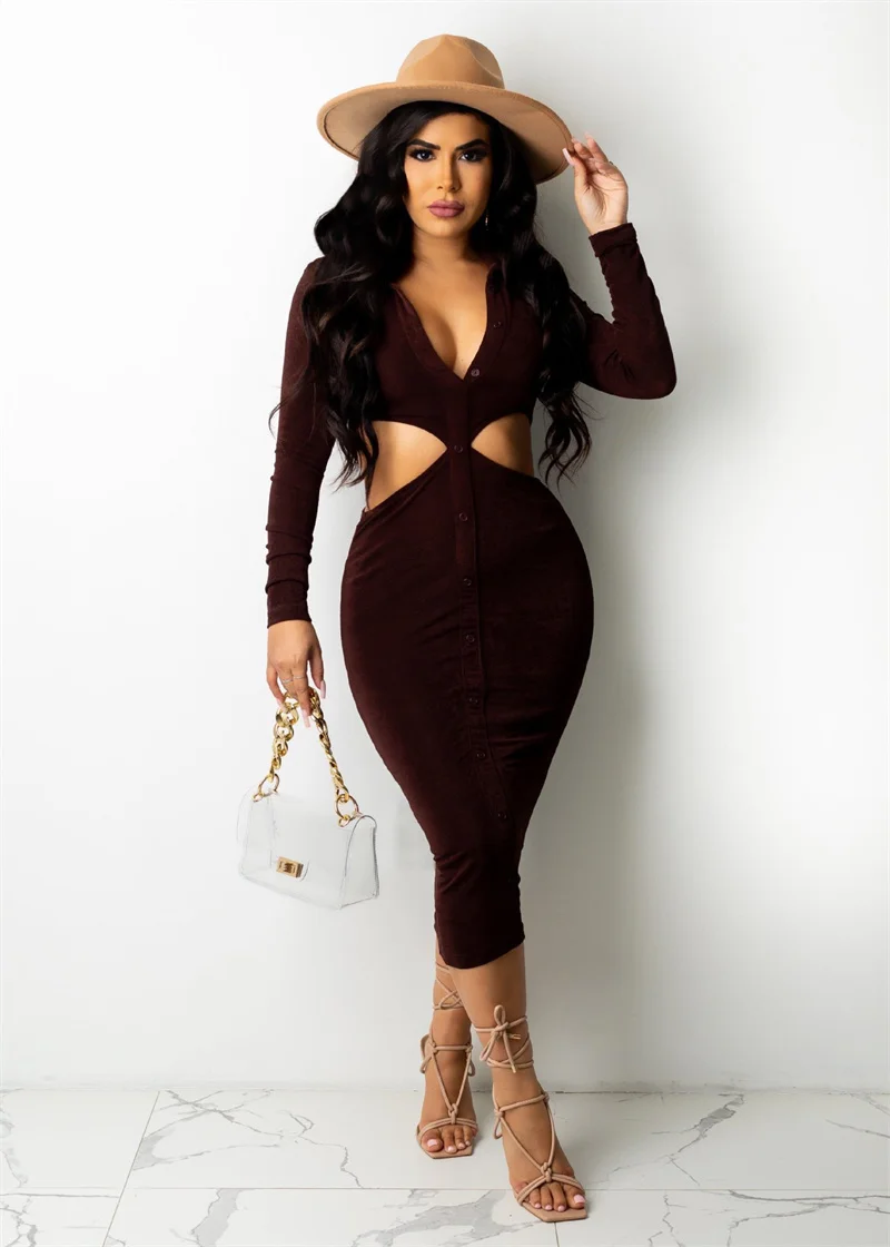 

Sexy Club Dresses Deep V Shirt Turn Down Collar Women Dress Long Sleeve Hollow Out Bodycon 2021 Autumn Winter Vestidos