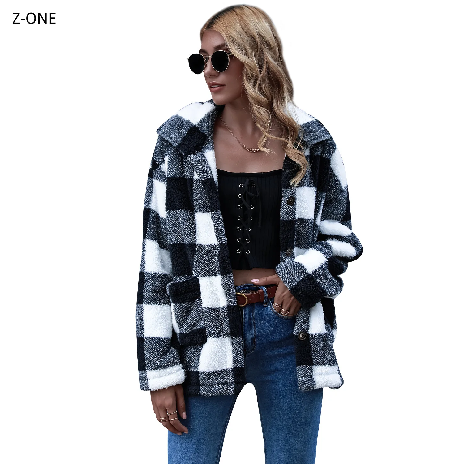 

Z-ONE Women's Long-sleeved Plaid Jacket 2020 Autumn and Winter Fashion Loose Coat Fleece Retro Elegant Streetwear Ropa Mujer
