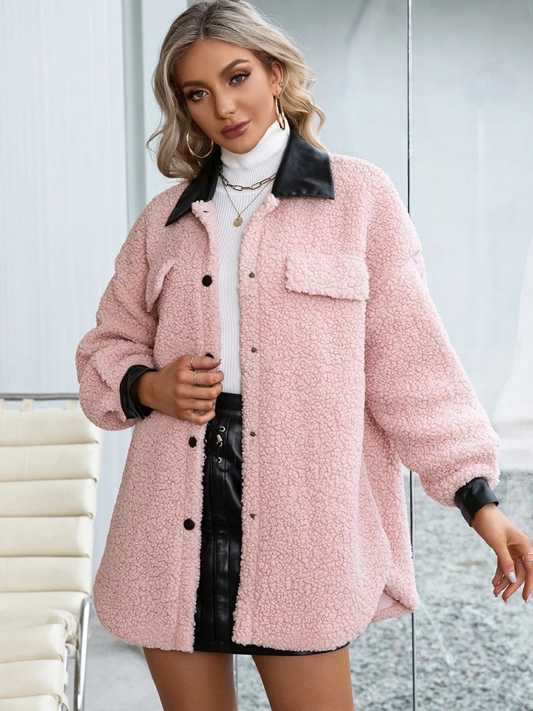 

Plush Trench Coat Women Autumn Winter Outfit Single Breasted Jacket Patchwork Pu Turn Down Collar Out Wear Soft Warm Clothing